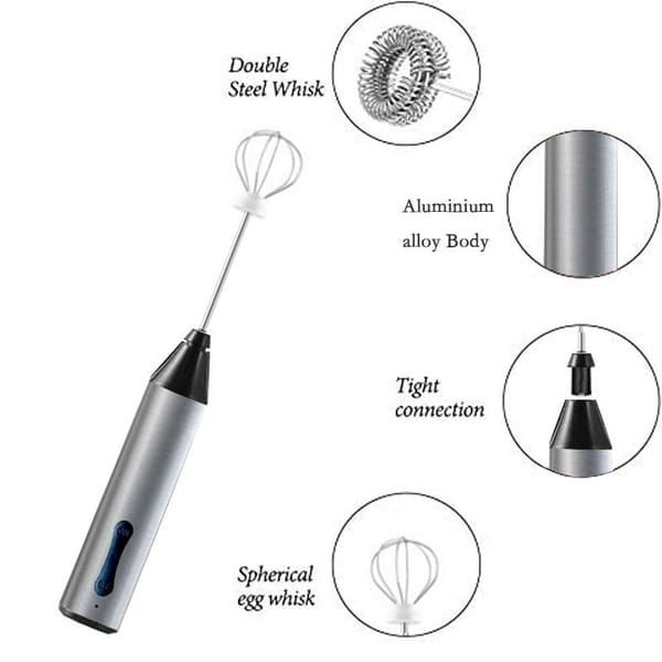 Electric Milk Frother Egg Beater 2-in-1 Type-C Charging Aluminum Alloy Body Dual Interchangeable Heads 1200mAh Coffee Foamer Mixer