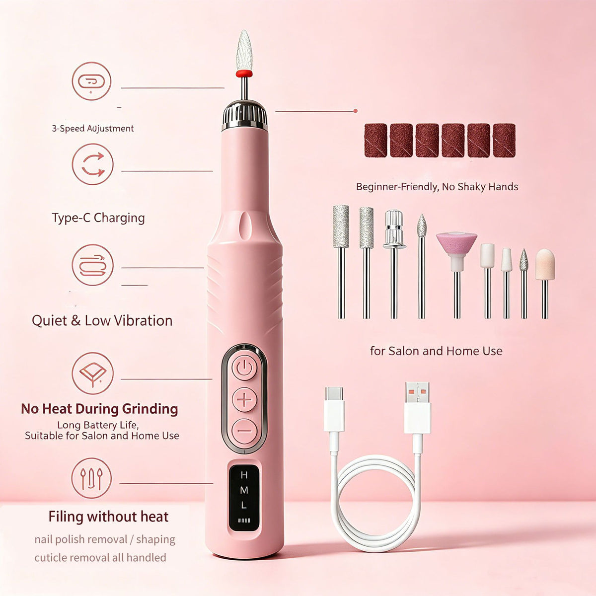 Multi-Functional Nail Drill, 3-Speed, Gentle Gel Removal（WHITE）