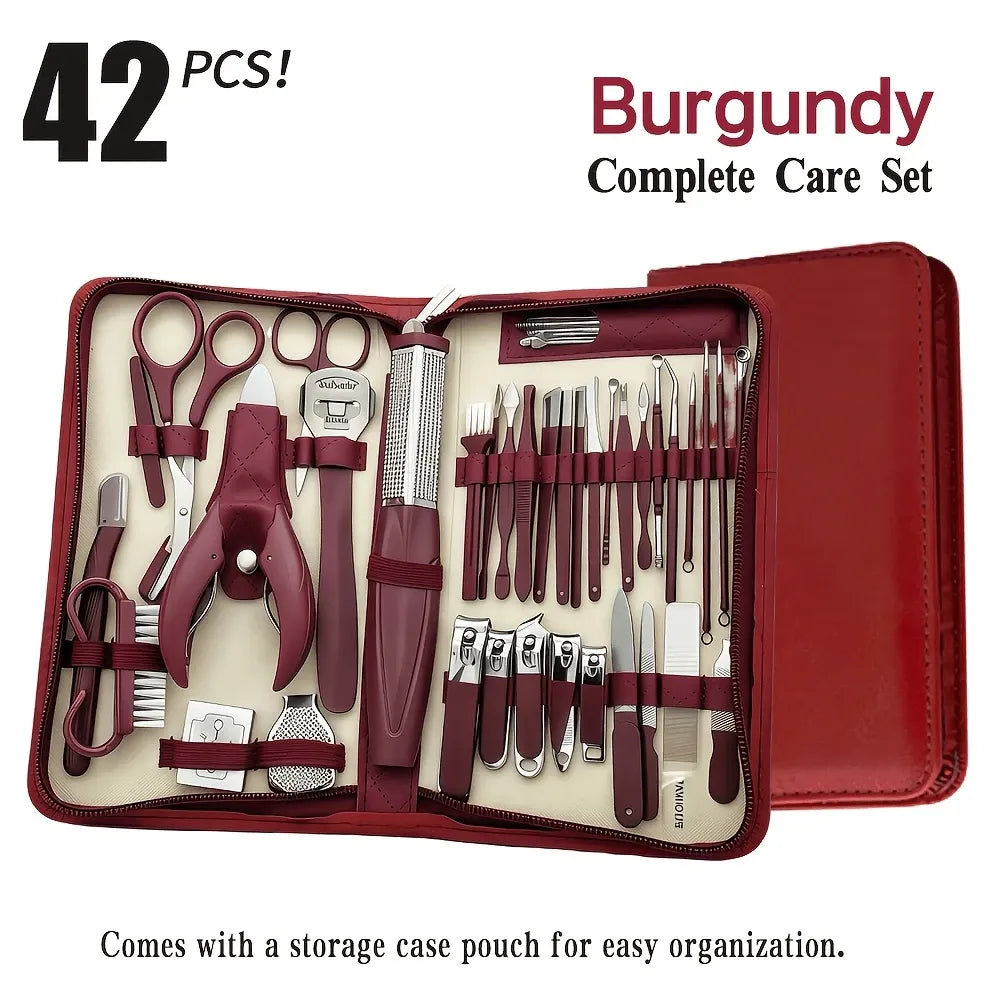42-Piece Stainless Steel Manicure & Pedicure Set | Sharp & Rust-Resistant | Classic Leather Case, Perfect for Thick Toenails, Ideal Gift for Men & Women/wine red