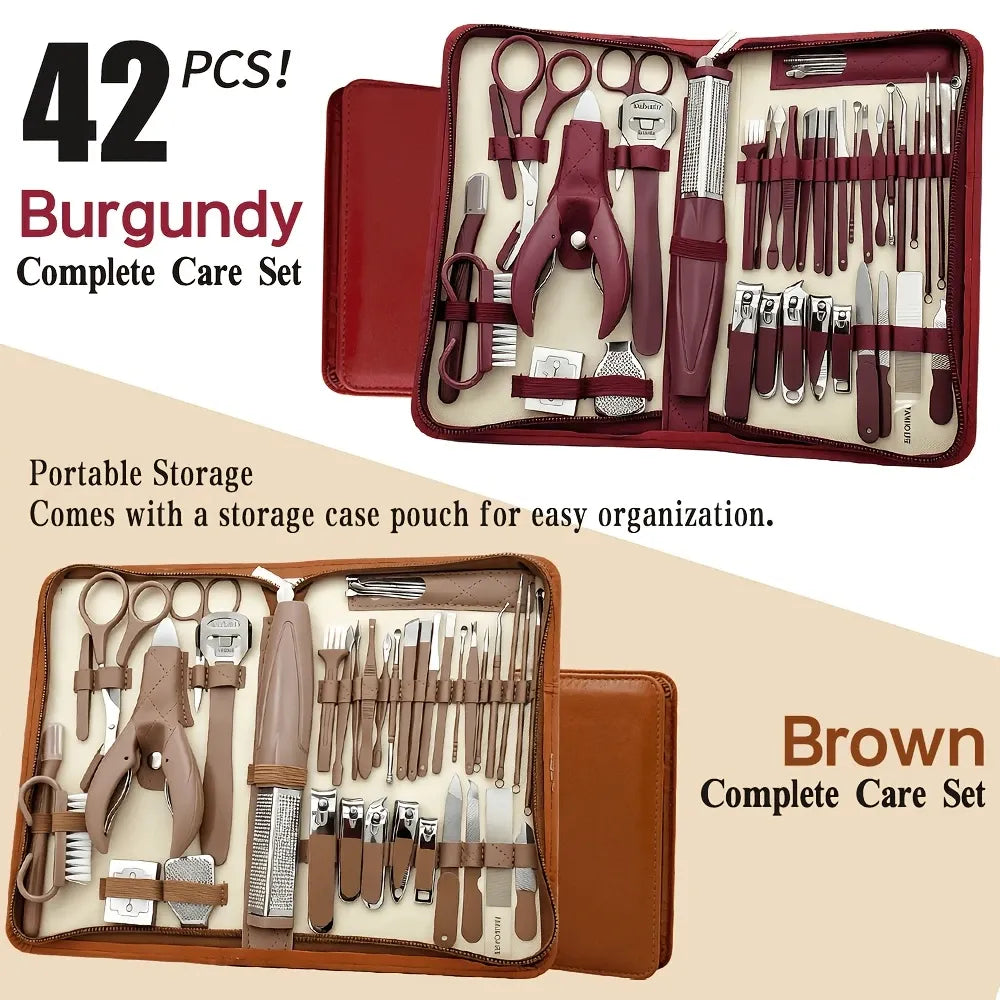 42-Piece Stainless Steel Manicure & Pedicure Set | Sharp & Rust-Resistant | Classic Leather Case, Perfect for Thick Toenails, Ideal Gift for Men & Women/wine red