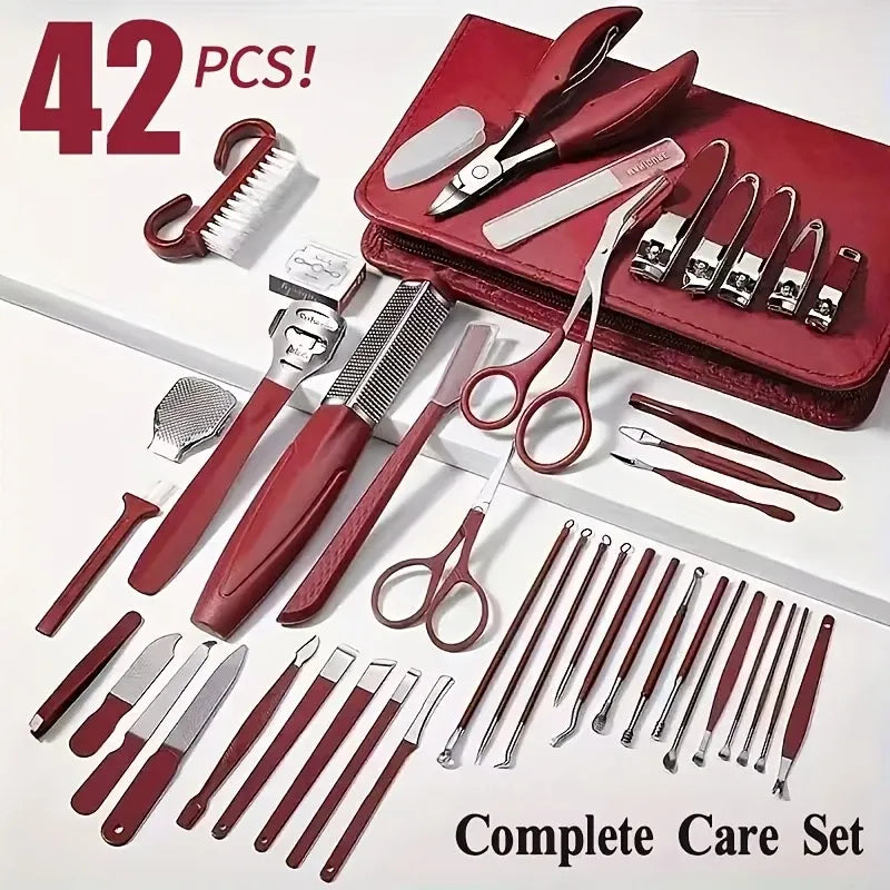 42-Piece Stainless Steel Manicure & Pedicure Set | Sharp & Rust-Resistant | Classic Leather Case, Perfect for Thick Toenails, Ideal Gift for Men & Women/wine red