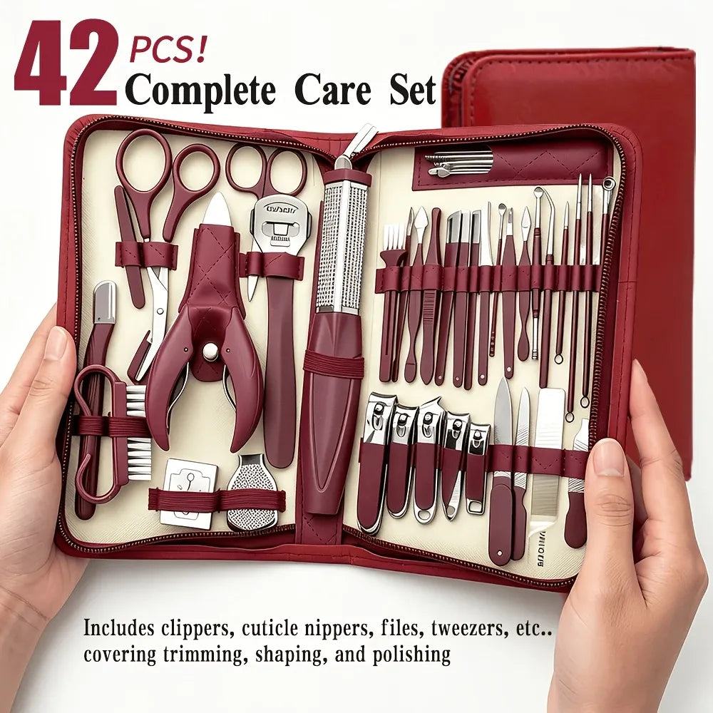 42-Piece Stainless Steel Manicure & Pedicure Set | Sharp & Rust-Resistant | Classic Leather Case, Perfect for Thick Toenails, Ideal Gift for Men & Women/wine red