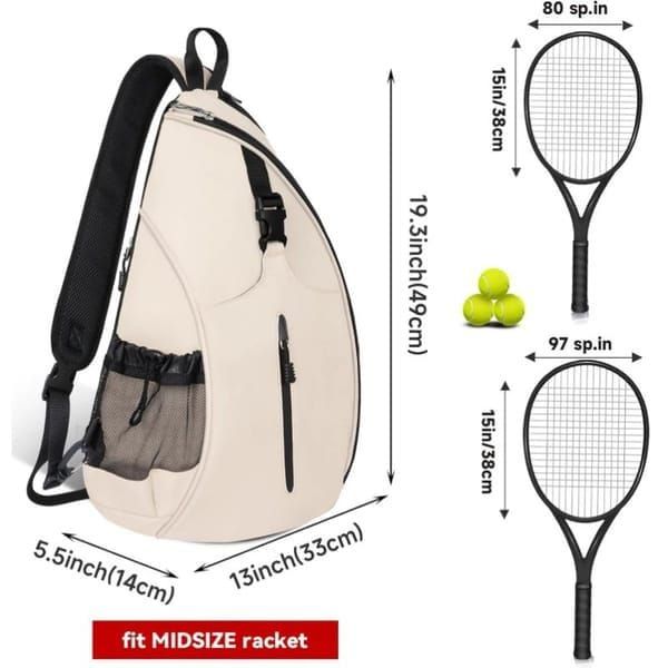 Tennis & Pickleball Dual-Use Sling Bag, Multi-pocket Portable Sports Racket Bag（beige）