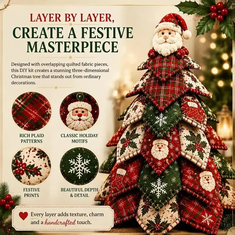 DIY 3D Quilted Fabric Patchwork Christmas Tree Kit, 3D Handmade Sewing Craft with Instructions, Beginner Friendly, Vintage Festive Tabletop Decor Gift/elk