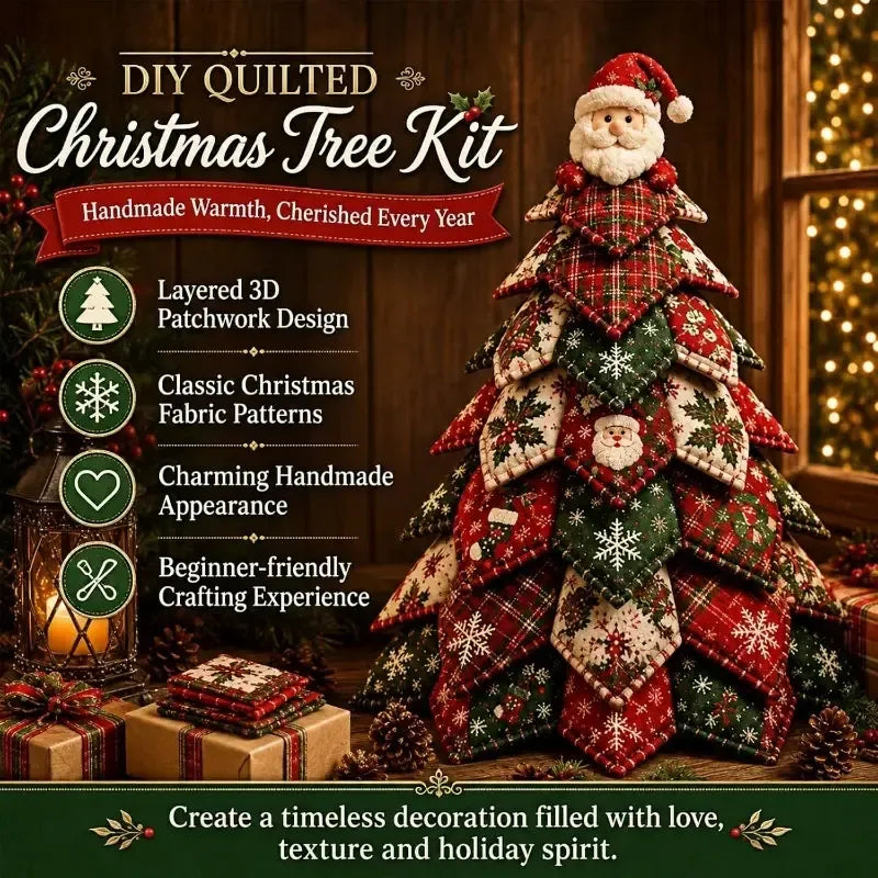 DIY 3D Quilted Fabric Patchwork Christmas Tree Kit, 3D Handmade Sewing Craft with Instructions, Beginner Friendly, Vintage Festive Tabletop Decor Gift/Snowman