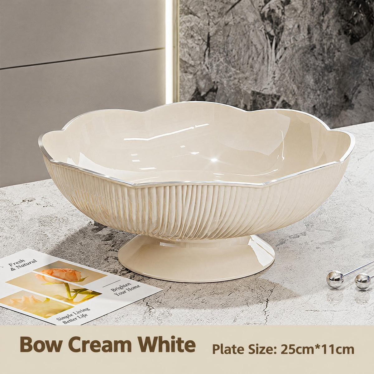Light Luxury Floral Drainage Fruit Bowl, Petal-Shaped Pedestal Serving Tray, Large Capacity Snack & Home Décor(Light and luxurious white)