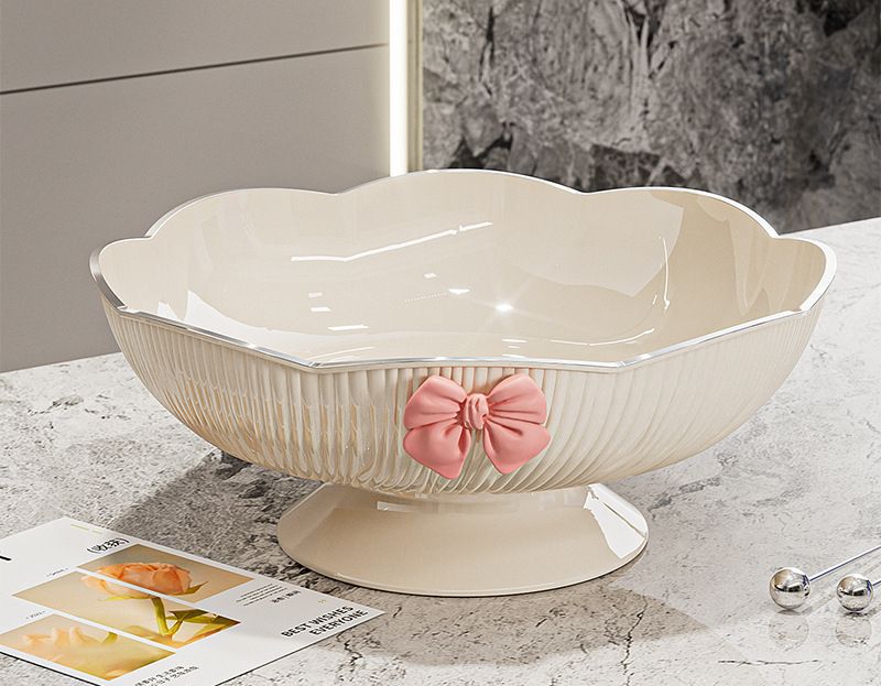 Light Luxury Floral Drainage Fruit Bowl, Petal-Shaped Pedestal Serving Tray, Large Capacity Snack & Home Décor(grey)