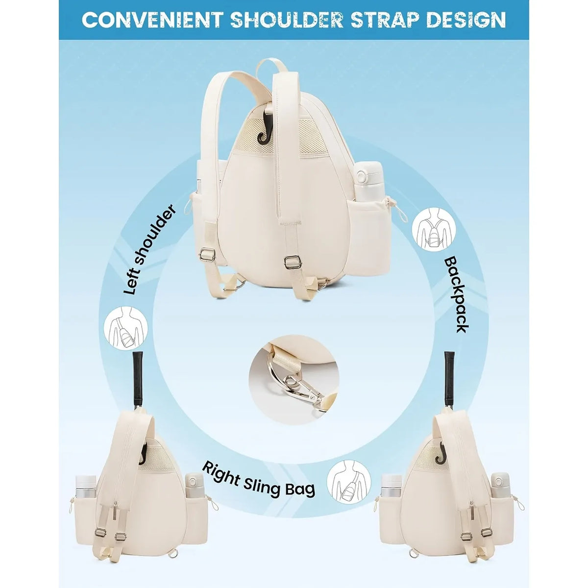 Tennis/Badminton/Squash Multi-Functional Backpack, 3-Way Carrying & Hidden Hook, Perfect for Court & Commute(BLACK)