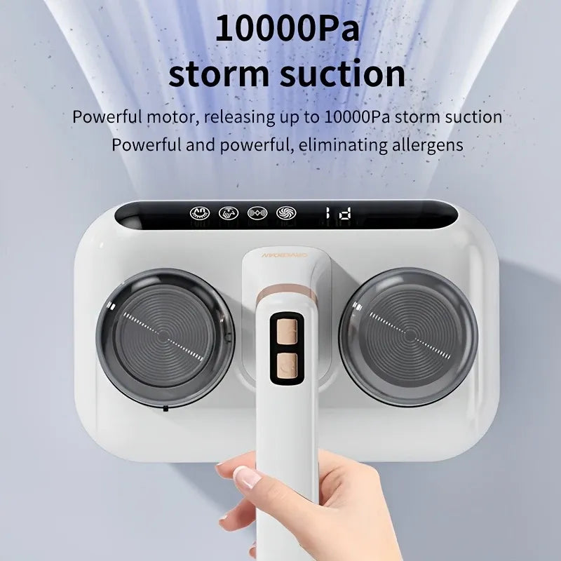 Cordless Mite Vacuum, 10000Pa Strong Suction + UV 99.9% Sterilization, Humidity Monitor, Dual-Cup Dust-Air Separation, 20Min Runtime, Quiet Handheld!(white)