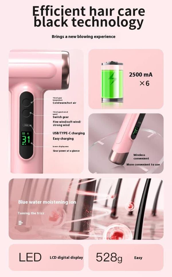 Wireless Ionic Hair Dryer: Portable, Rechargeable, Hot & Cold Air, Fast Drying — Perfect for Home, Travel & Dorm.*white