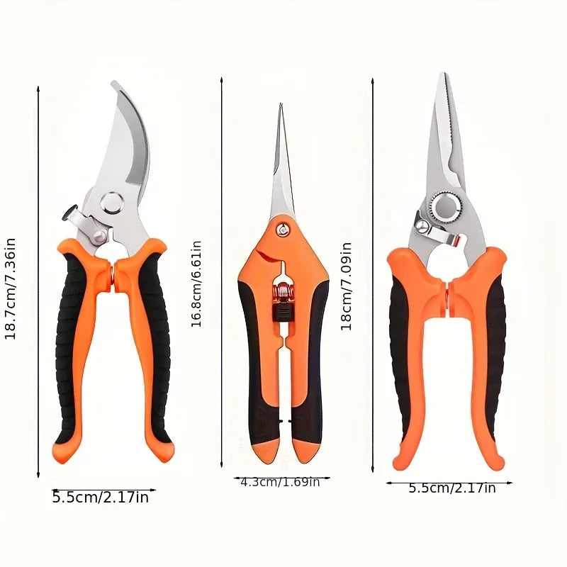 3-Piece Stainless Steel Garden Pruning Shears Set - Effortless Spring, Safety Lock, for Trimming, Harvesting & Plant Care（orange）