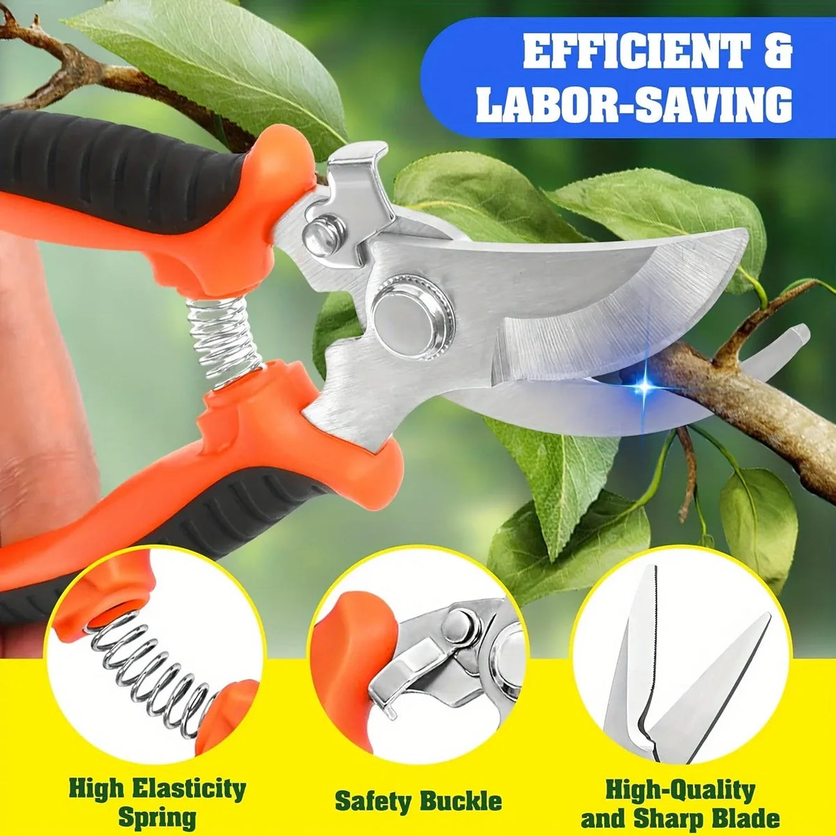 3-Piece Stainless Steel Garden Pruning Shears Set - Effortless Spring, Safety Lock, for Trimming, Harvesting & Plant Care（orange）