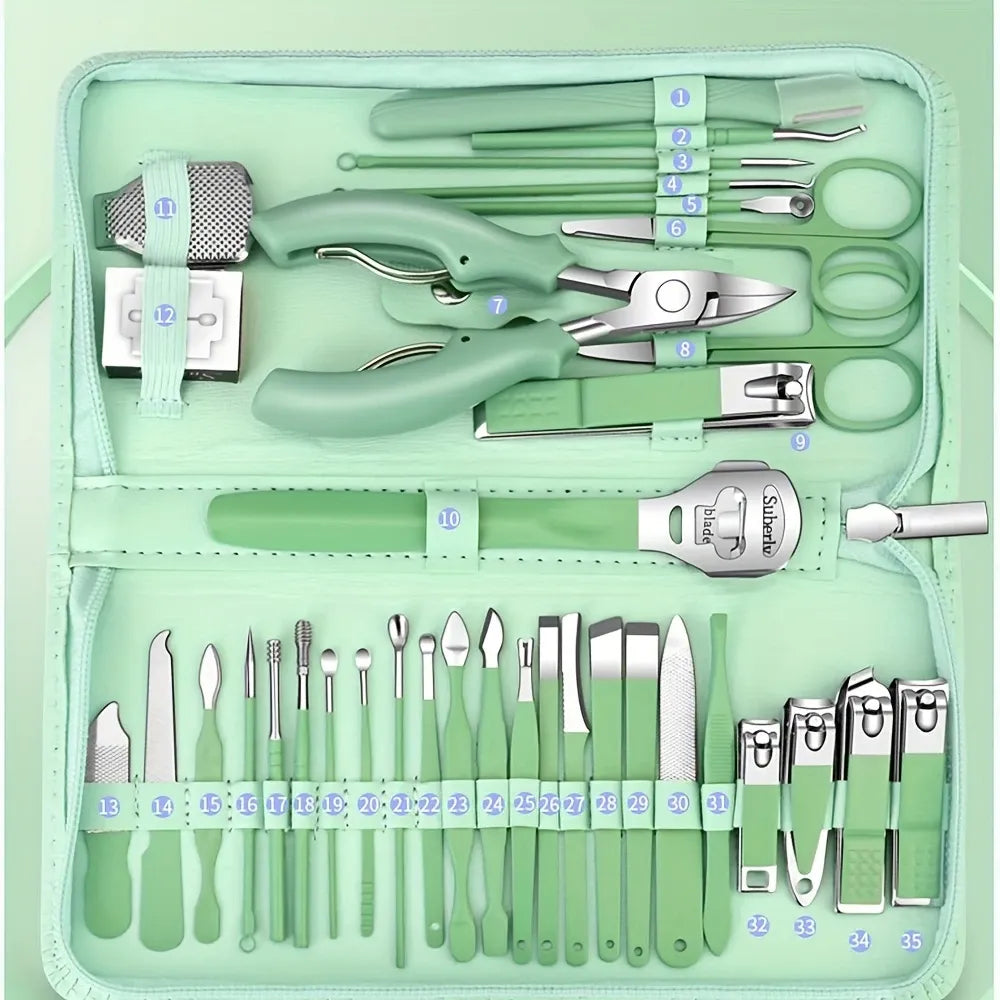 35-in-1 Mint Green Grooming Kit, Stainless Steel Nail Clippers & Foot Care Set with Travel Case, Pedicure Tools for Ingrown Toenails, Perfect Gift
