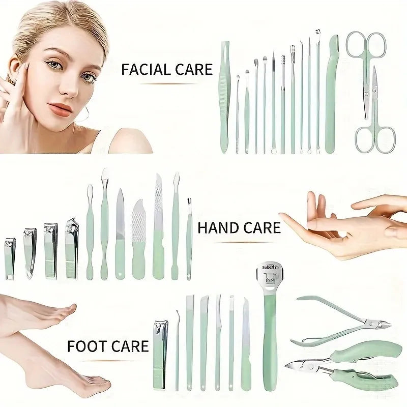35-in-1 Mint Green Grooming Kit, Stainless Steel Nail Clippers & Foot Care Set with Travel Case, Pedicure Tools for Ingrown Toenails, Perfect Gift