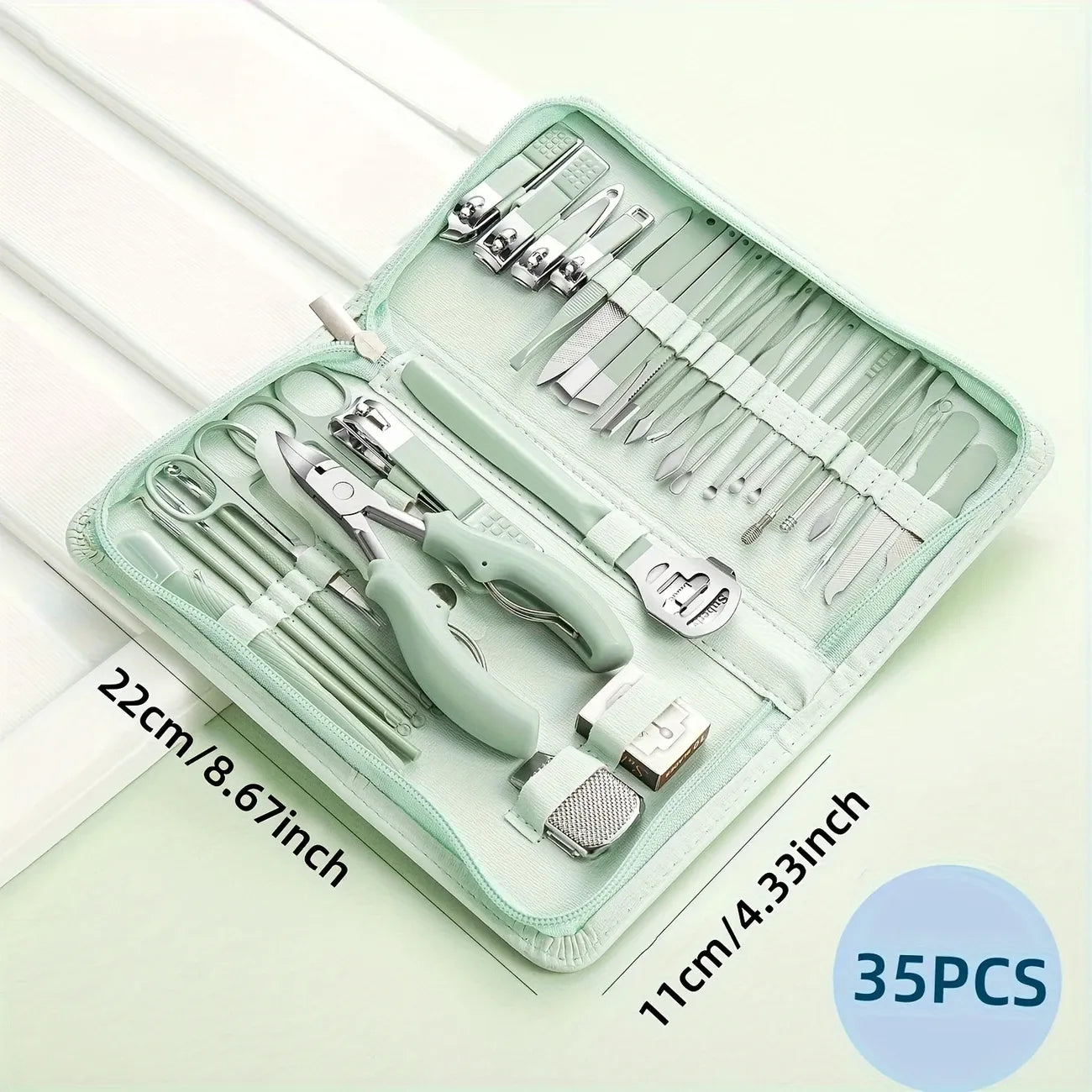 35-in-1 Mint Green Grooming Kit, Stainless Steel Nail Clippers & Foot Care Set with Travel Case, Pedicure Tools for Ingrown Toenails, Perfect Gift