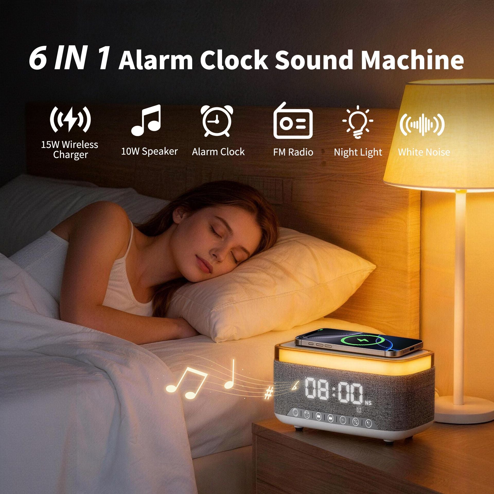 Alarm Clock 15W Wireless Charger Bluetooth Speaker FM Radio White Noise RGB Grey