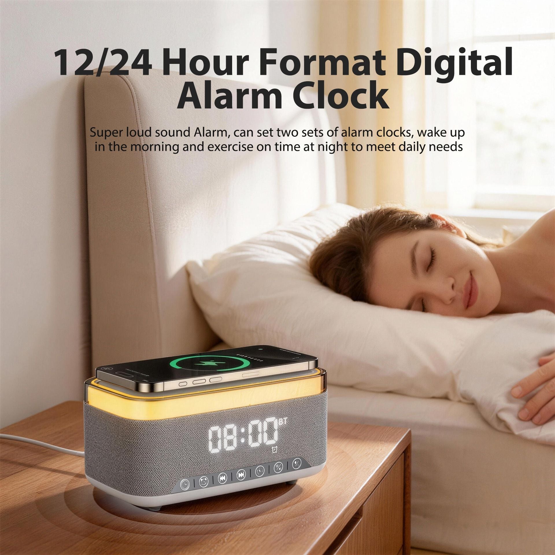 Alarm Clock 15W Wireless Charger Bluetooth Speaker FM Radio White Noise RGB Grey