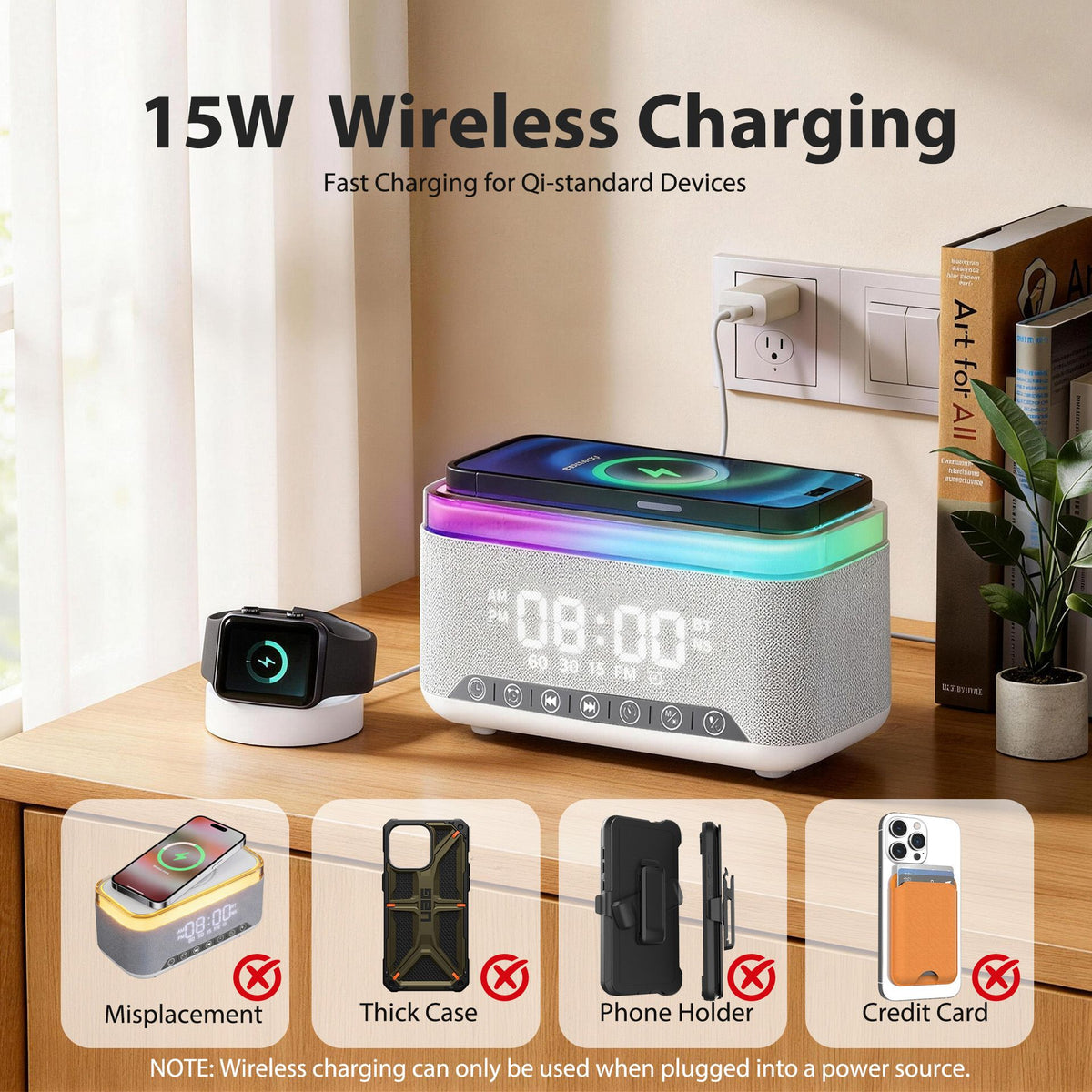 Alarm Clock 15W Wireless Charger Bluetooth Speaker FM Radio White Noise RGB Grey