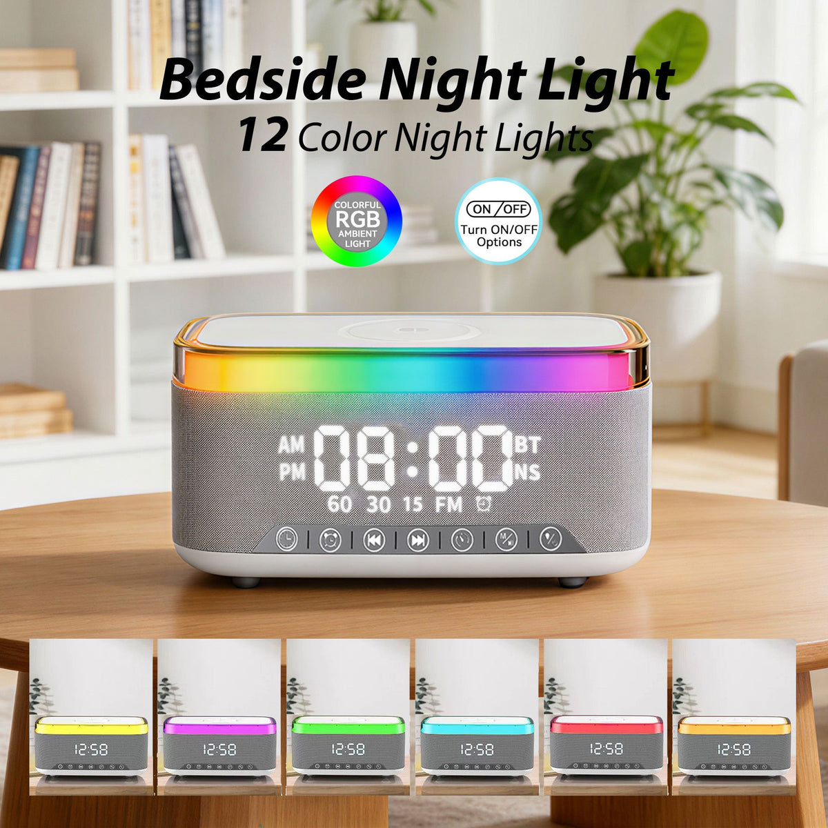 Alarm Clock 15W Wireless Charger Bluetooth Speaker FM Radio White Noise RGB Grey