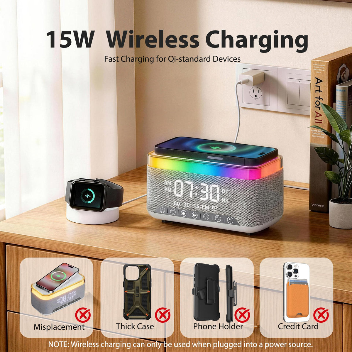 Alarm Clock 15W Wireless Charger Bluetooth Speaker FM Radio White Noise RGB Grey