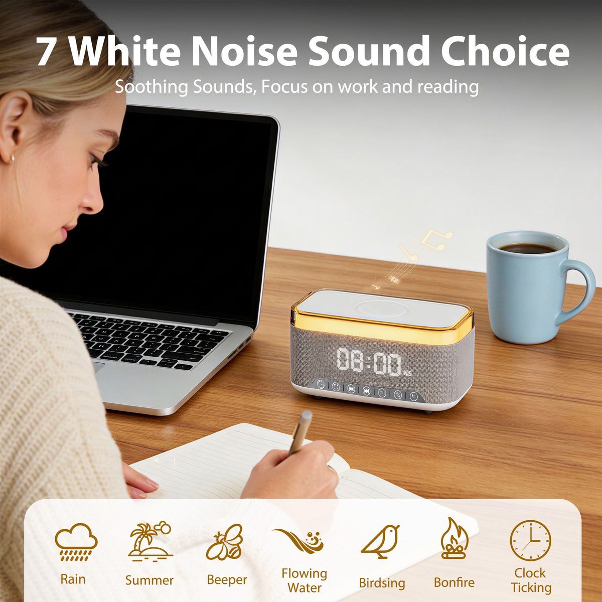 Alarm Clock 15W Wireless Charger Bluetooth Speaker FM Radio White Noise RGB Grey