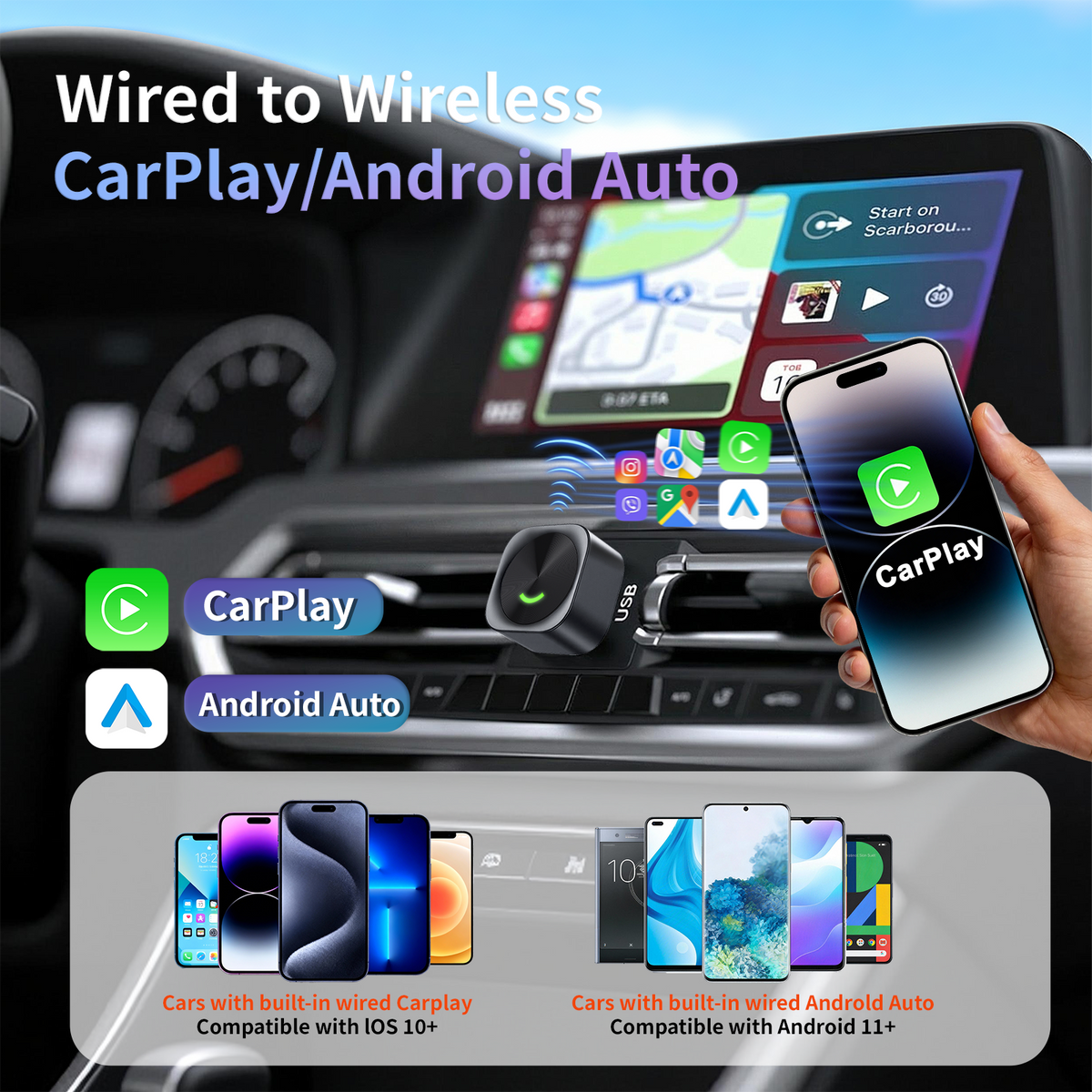 2 in 1 Wireless CarPlay and Android Auto Adapter Plug and Play Carplay Adapter