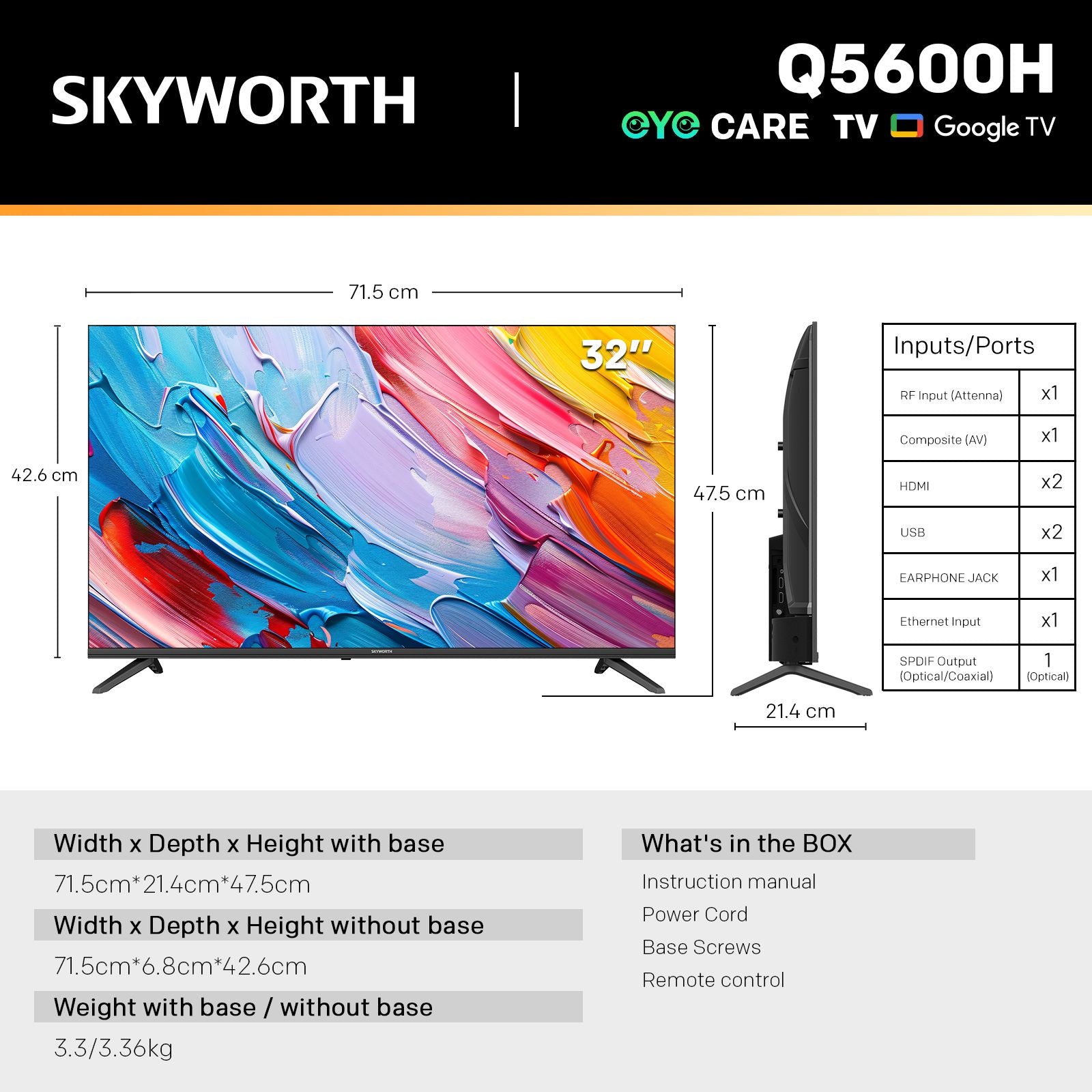 Q5600H 32''-QLED+ Smart Google TV, HD, HDR10 HLG, Find-My Remote, Dolby Audio, Screen Casting, Bezel Less Design, Voice Control