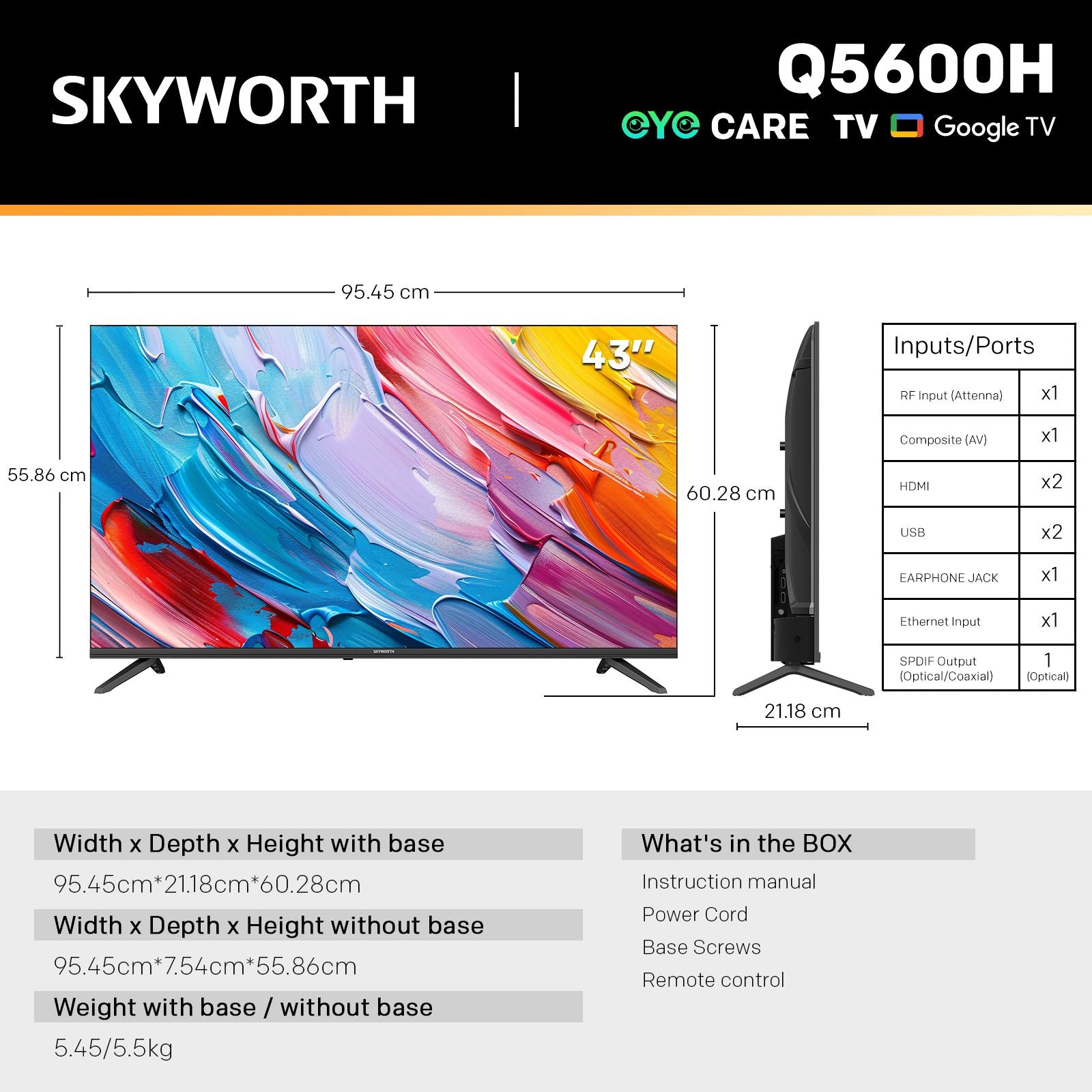 Q5600H 43''-QLED+ Smart Google TV, FHD, HDR10 HLG, Find-My Remote,Dolby Audio, Screen Casting, Bezel Less Design, Voice Control