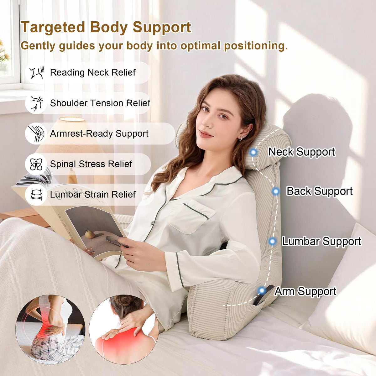 Cozy Reading Pillow with Arms for Bed, Perfect for Relaxing, Reading, Gaming, and More, 80*40*60cm (Beige Gray)