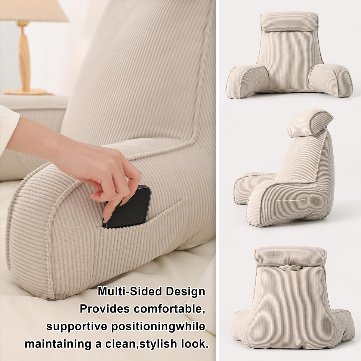 Cozy Reading Pillow with Arms for Bed, Perfect for Relaxing, Reading, Gaming, and More, 80*40*60cm (Beige Gray)