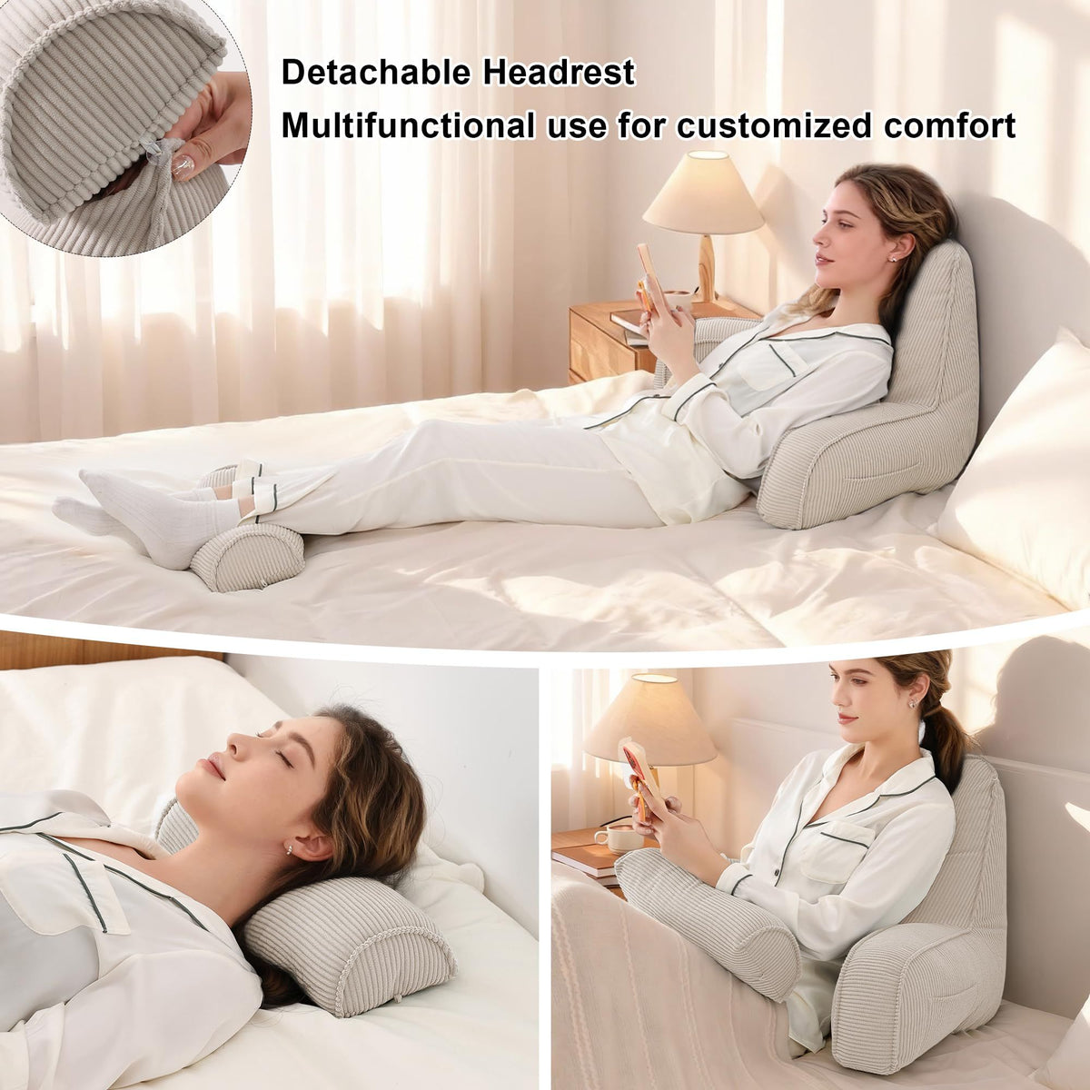 Cozy Reading Pillow with Arms for Bed, Perfect for Relaxing, Reading, Gaming, and More, 80*40*60cm (Beige Gray)