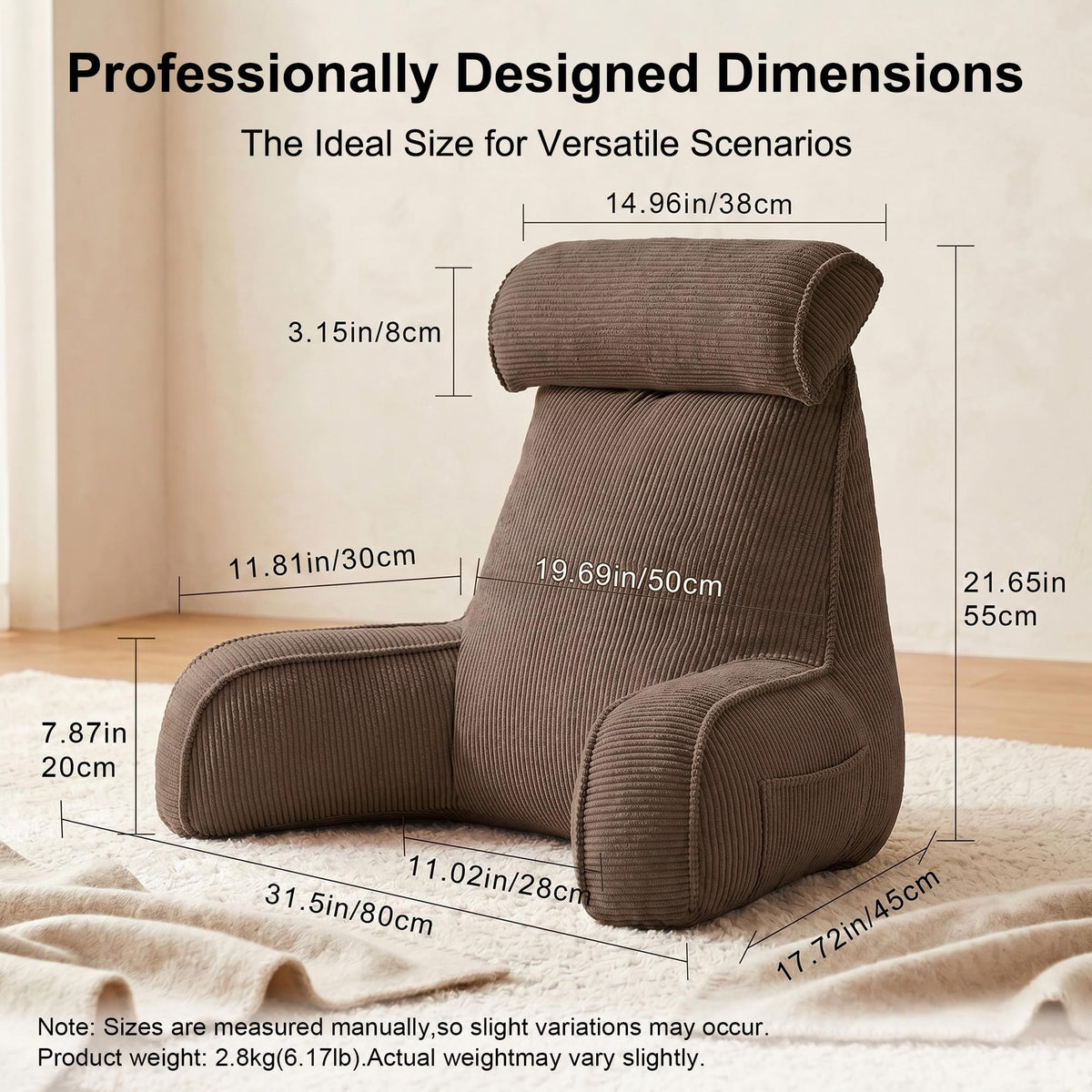 Bed Backrest Reading Pillow with Arms for Long Sitting, Gaming, and Relaxation, 80*40*60cm (Brown)