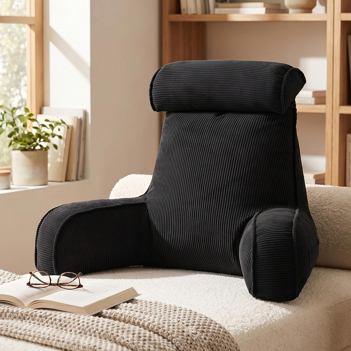 Versatile Reading Backrest Pillow for Bed, Sofa and Lounging at Home, 80*40*60cm (Dark Black)