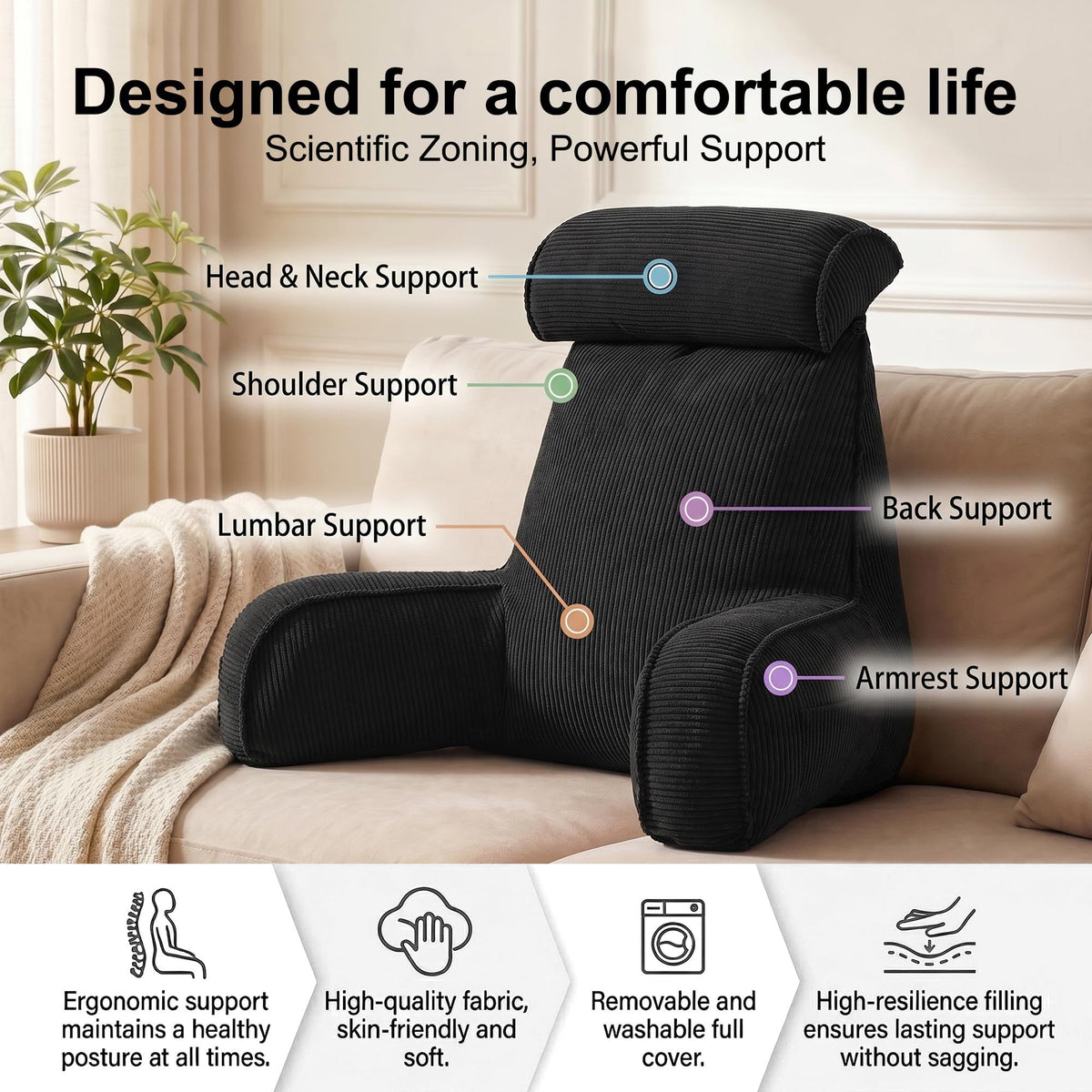 Versatile Reading Backrest Pillow for Bed, Sofa and Lounging at Home, 80*40*60cm (Dark Black)