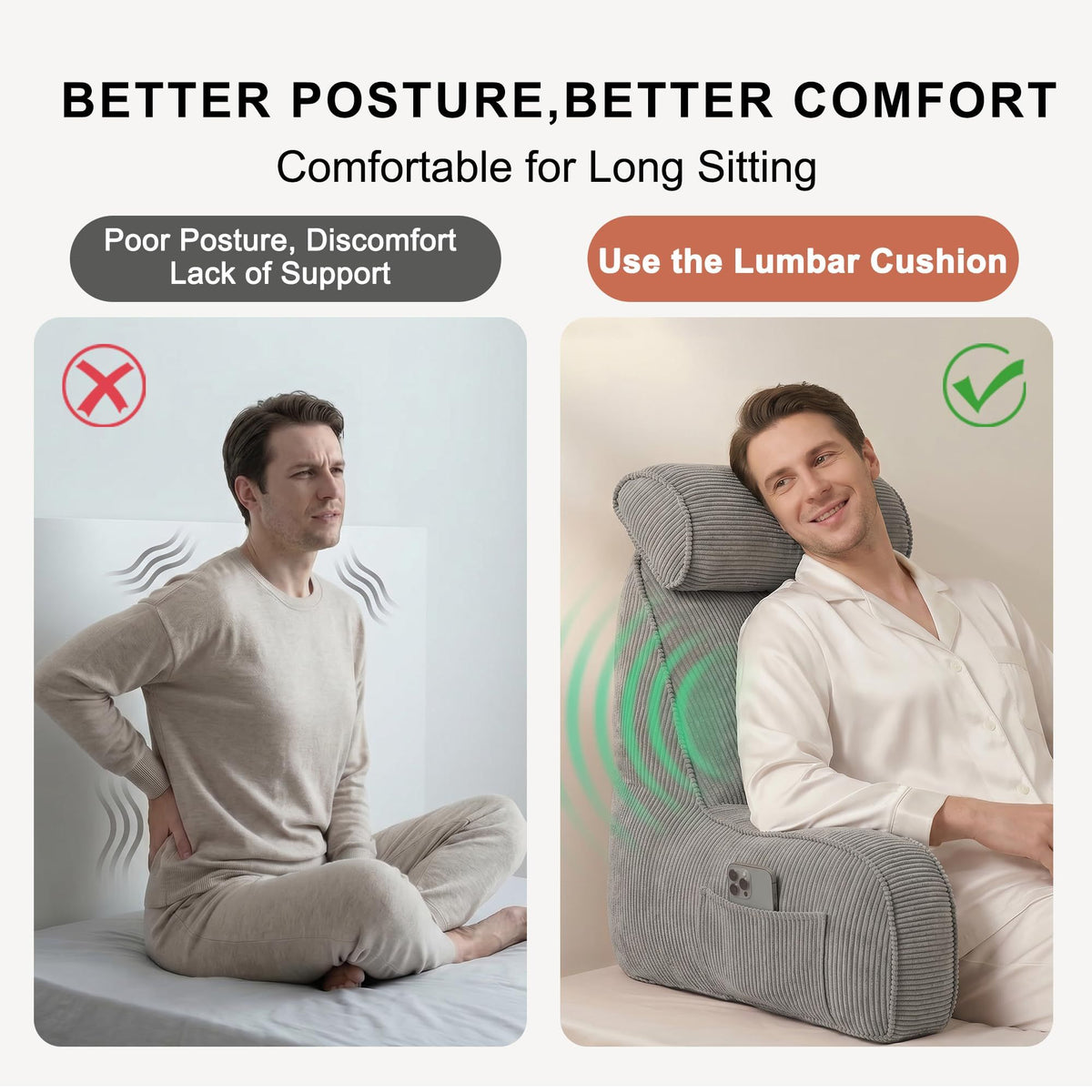 Comfortable Reading Pillow with Armrests for Bed & Sofa Relaxation, Gaming, and Lazy Days, 80*40*60cm (light gray)