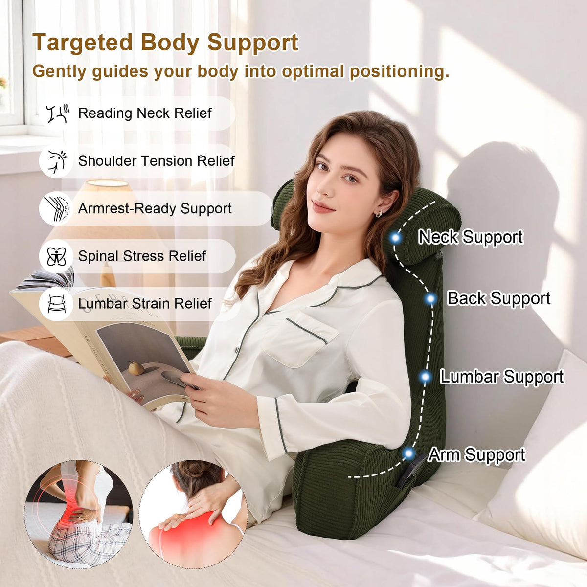 Bedrest Pillow with Arms for Reading, Gaming, Lounging on Bed or Couch, 80*40*60cm (olive green)