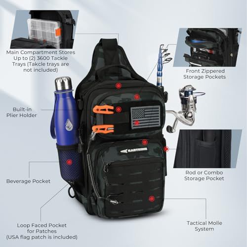 Sling Fishing Bag For Adventure Anglers - Ideal For Hiking, Kayaking, Fishing Trips (Dark Camouflage Black)