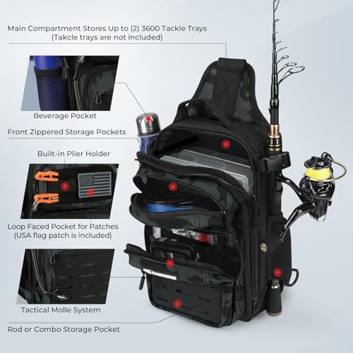 Sling Fishing Bag For Adventure Anglers - Ideal For Hiking, Kayaking, Fishing Trips (Dark Camouflage Black)