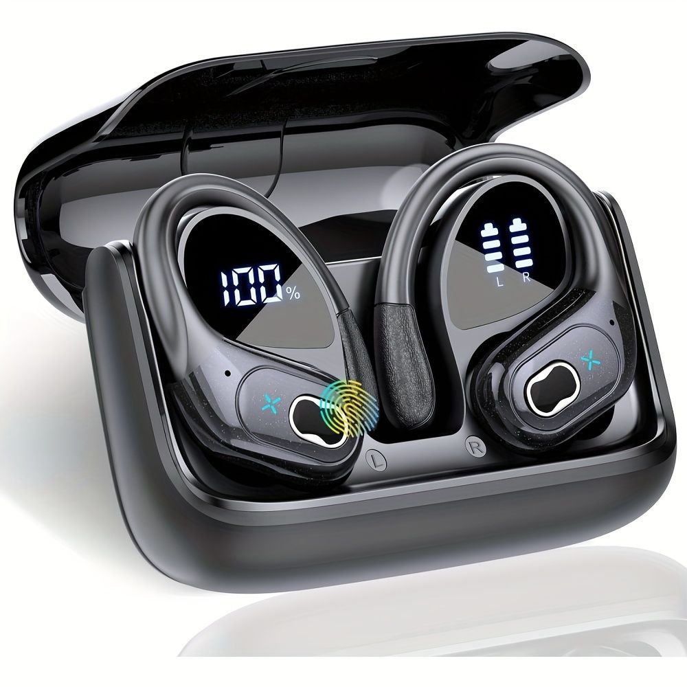 Sports Wireless Earbuds Running Ear-Hooks Pure Bass Earphones Dual LED Display - Black - Size 01