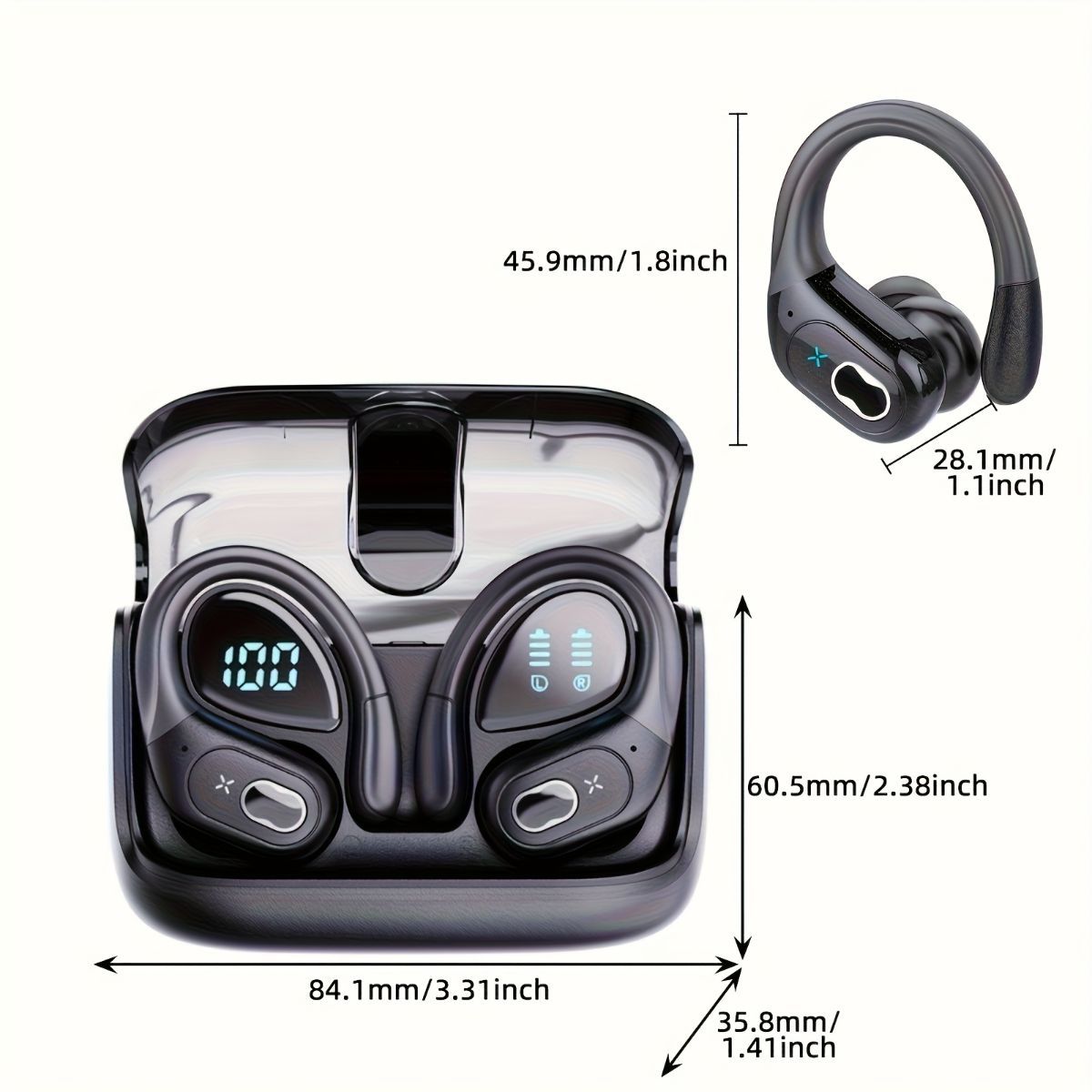 Sports Wireless Earbuds Running Ear-Hooks Pure Bass Earphones Dual LED Display - Black - Size 01
