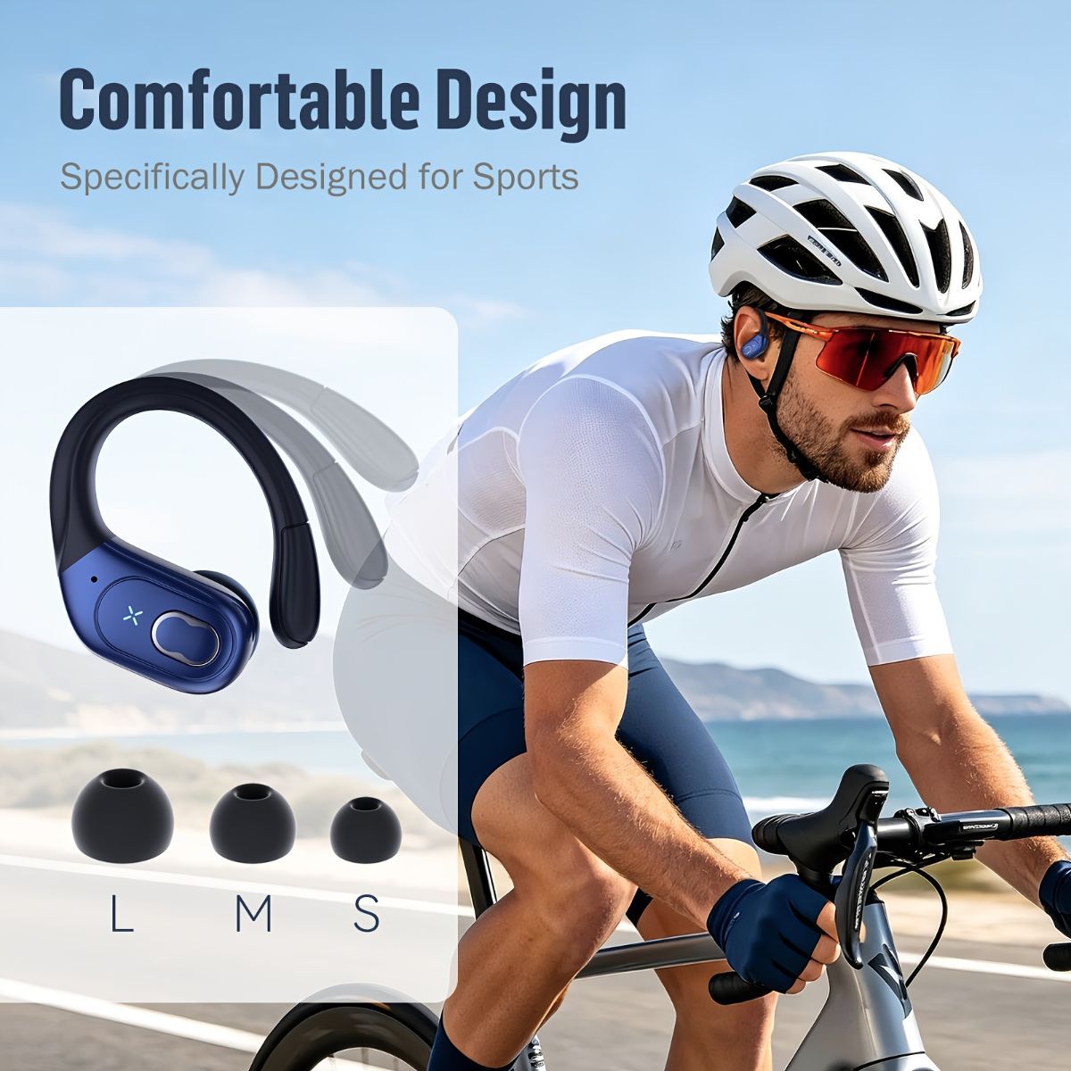 Sports Wireless Earbuds Running Ear-Hooks Pure Bass Earphones Dual LED Display - Black - Size 01