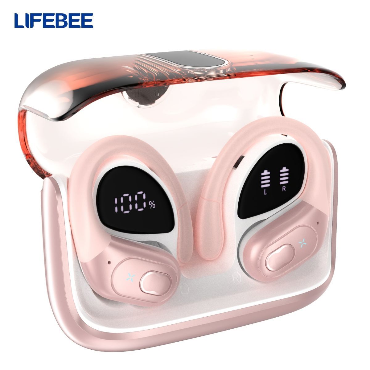 Sports Wireless Earbuds Running Ear-Hooks Pure Bass Earphones Dual LED Display - Rose gold - Size 01