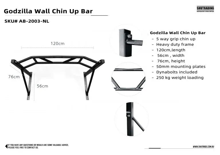 Godzilla Wall Mounted Chin-Up Bar, 5 Grip Pull Up Bar Commercial Steel Home Gym