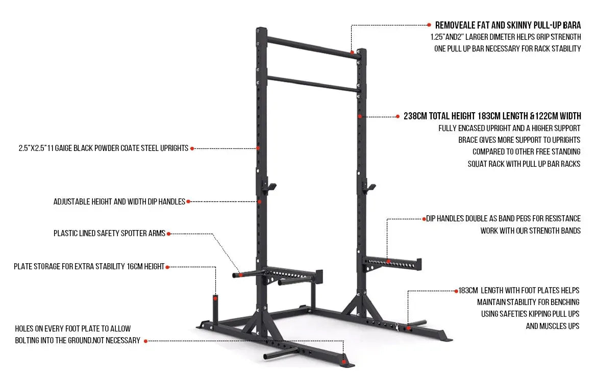 Power Rack Half Rack 238cm with J-Hooks & Spotter Bars, 400kg Capacity, Black