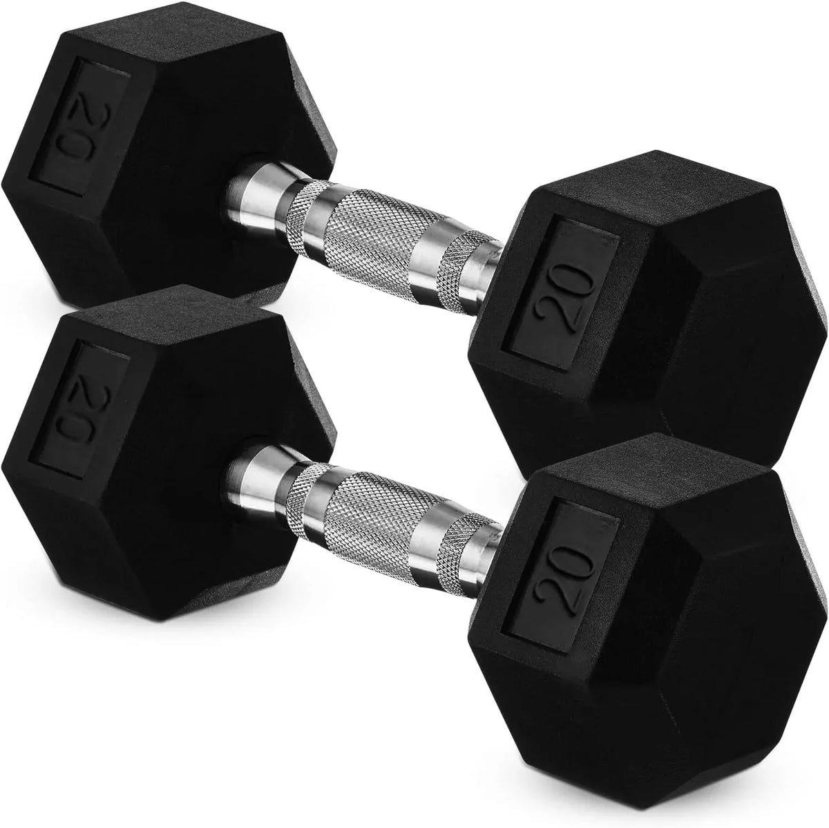 20lb (9kg) Rubber Coated Hex Dumbbell Pair, Cast Iron, Chrome Non-Slip Handle
