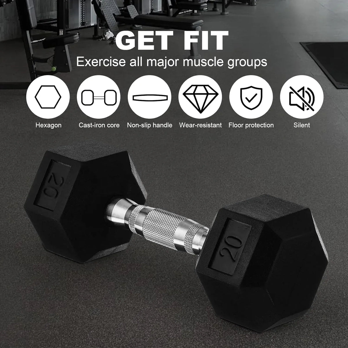 30lb (13.5kg) Rubber Coated Hex Dumbbell Pair, Cast Iron, Chrome Non-Slip Handle
