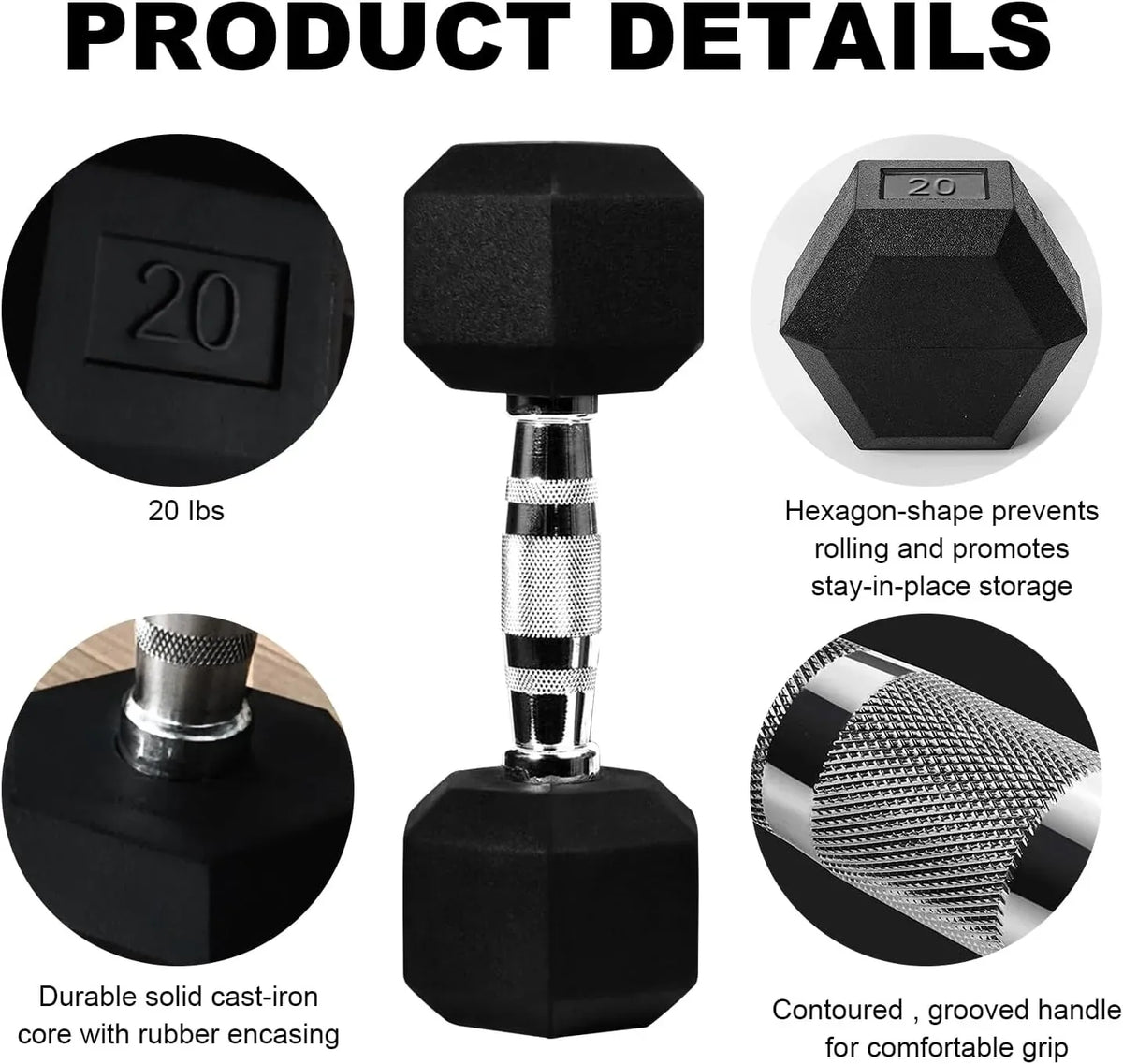 30lb (13.5kg) Rubber Coated Hex Dumbbell Pair, Cast Iron, Chrome Non-Slip Handle
