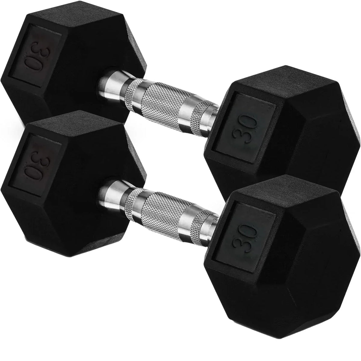 30lb (13.5kg) Rubber Coated Hex Dumbbell Pair, Cast Iron, Chrome Non-Slip Handle