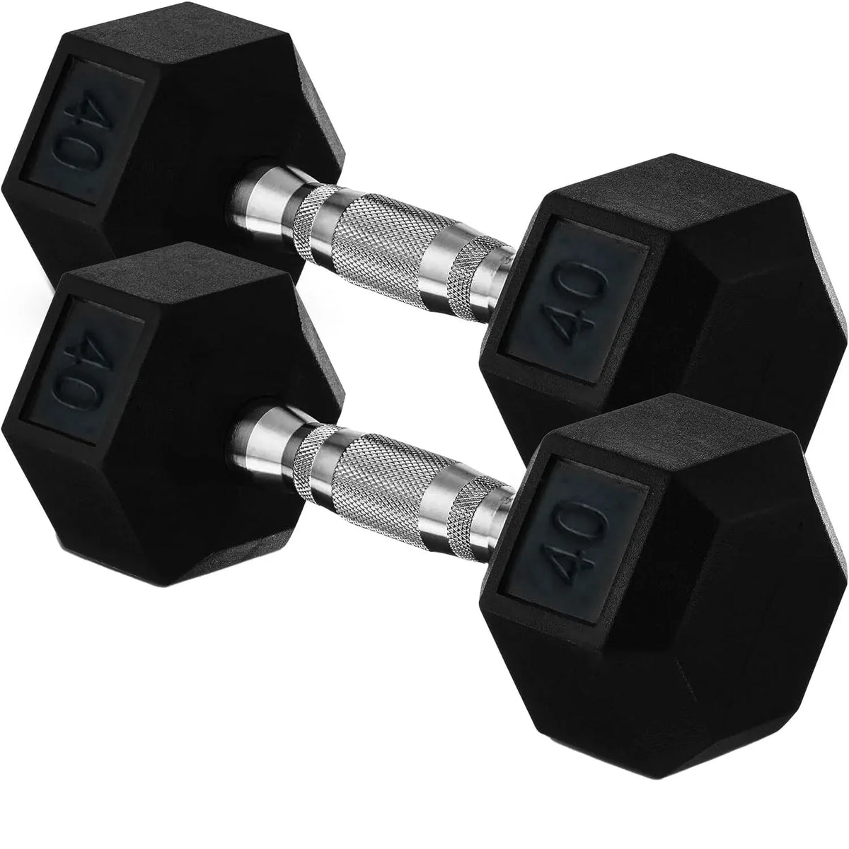 40lb (18kg) Rubber Coated Hex Dumbbell Pair, Cast Iron, Chrome Non-Slip Handle