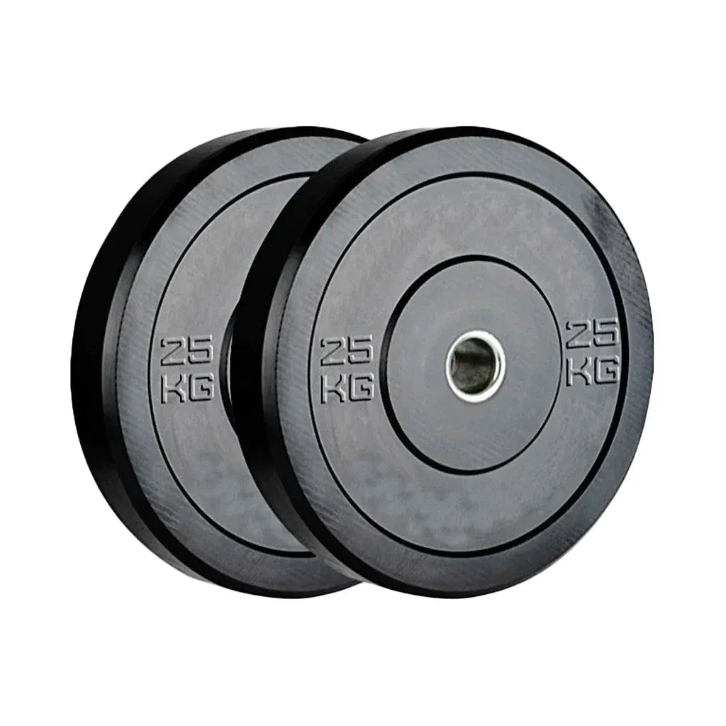 Black Olympic Bumper Plates 25kg Pair, 50mm Steel Hole, Solid Rubber, 450mm